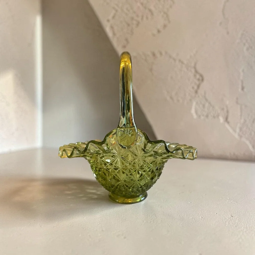 Vintage Fenton Diamond Weave Ruffle Trim Olde Virginia Glass Basket Home Décor